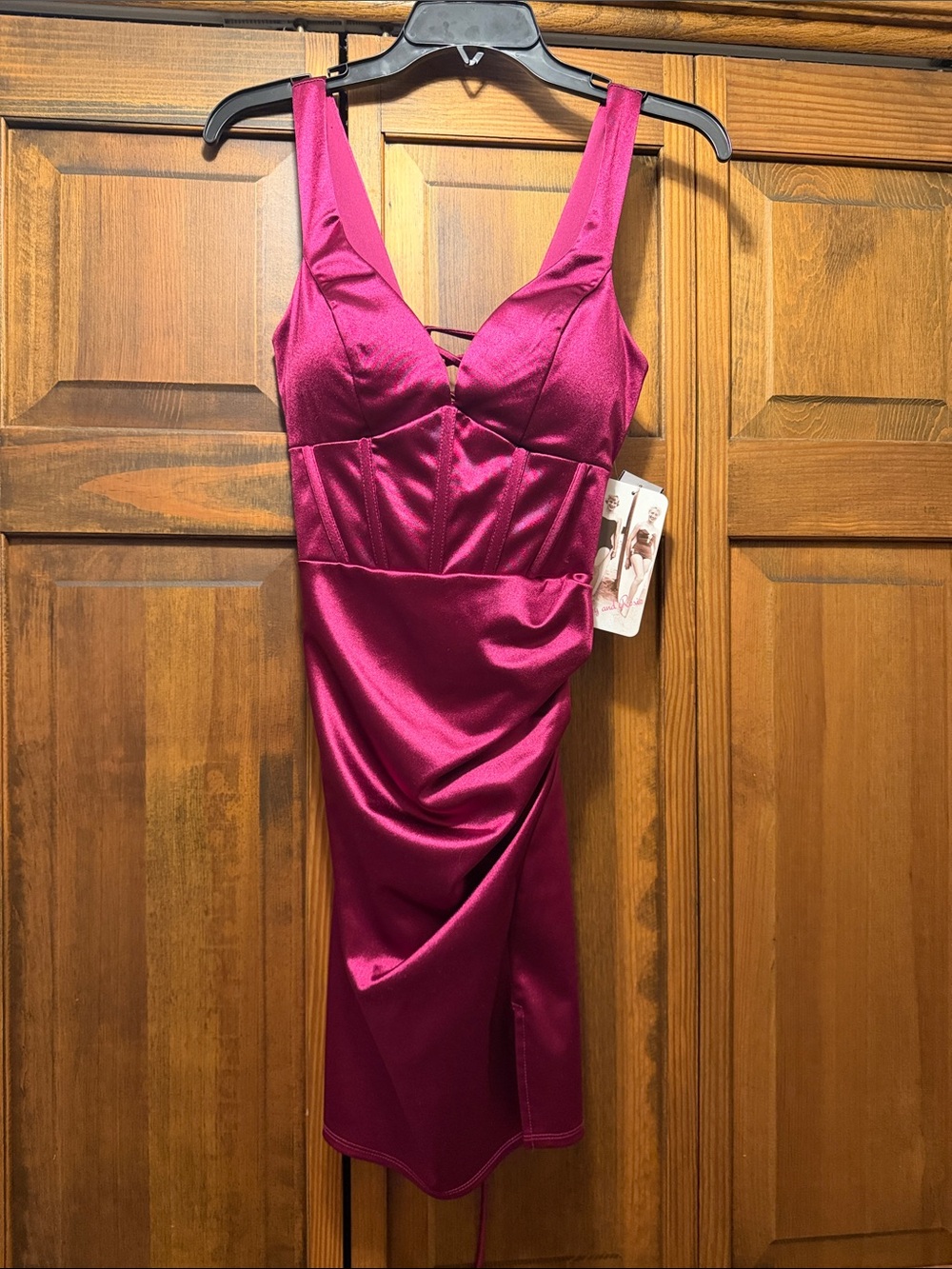 Honey and Rosie Magenta Satin V-Neck Midi Dress